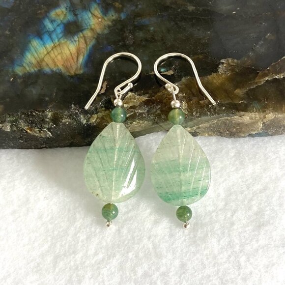 Sterling Silver 925 Beaded Carved Jadeite & Tourmaline Leaf Dangle Earrings - Picture 4 of 16